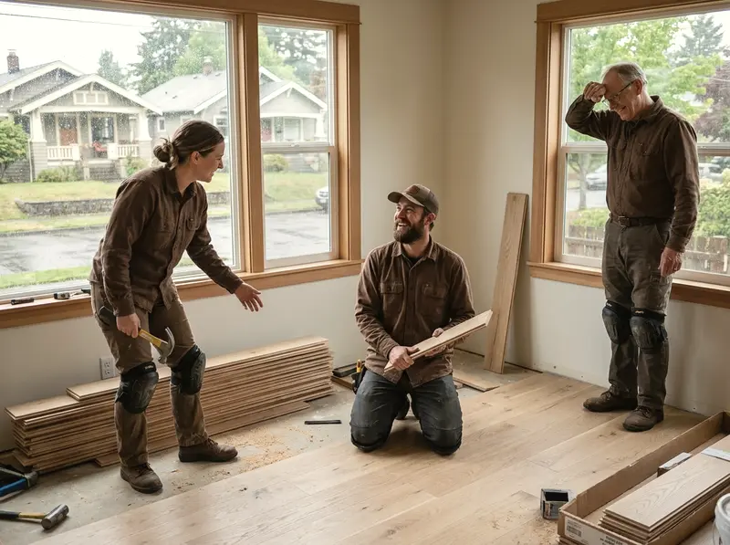 The Bellingham Floor Pros crew installing wide-plank oak in a Bellingham living room