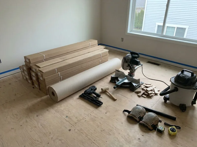 The Bellingham Floor Pros crew installing wide-plank oak in a Bellingham living room