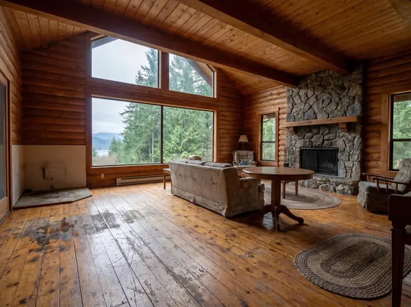 Sudden Valley cedar cabin with worn pine floor before refinishing